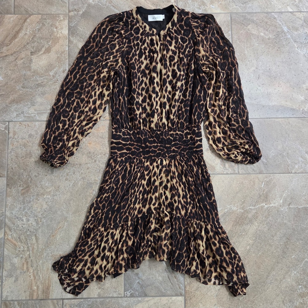 A.L.C. Leopard‎ Print Long Sleeve Dress Smocked Waist Tiered Mini